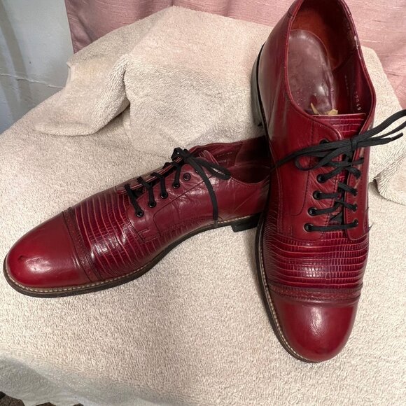 Stacy Adams Men Red Leather Dress Shoes Lizard Cap Toe Oxford Size 11.5D VTG - Picture 2 of 16